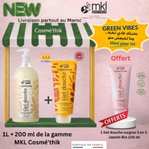 Pack gel douche surgras noix de coco bio Sri Lanka 1L argan bio Maroc 200ml jasmin bio 100ml offert MKL Cosmethik